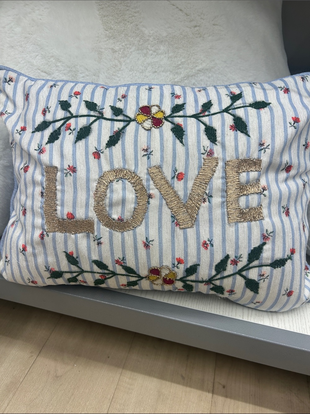 Secret celebrity 'LOVE' Embroidered Floral Striped Pillow in Blue and White Dorm